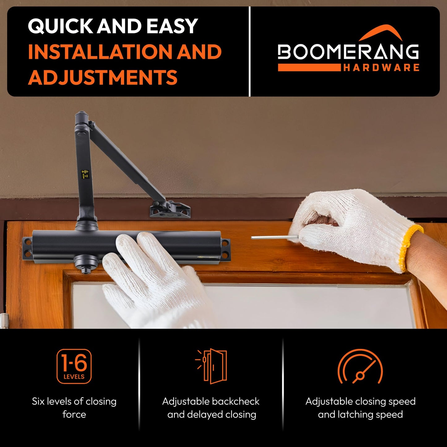 Boomerang Heavy Duty Designer Automatic Commercial Door Closer - D8016-Surface Mounted, Grade 1, Cast Aluminum, UL 3 Hour Fire Rated & ADA for high Traffic doorways, Matte Black (US19)