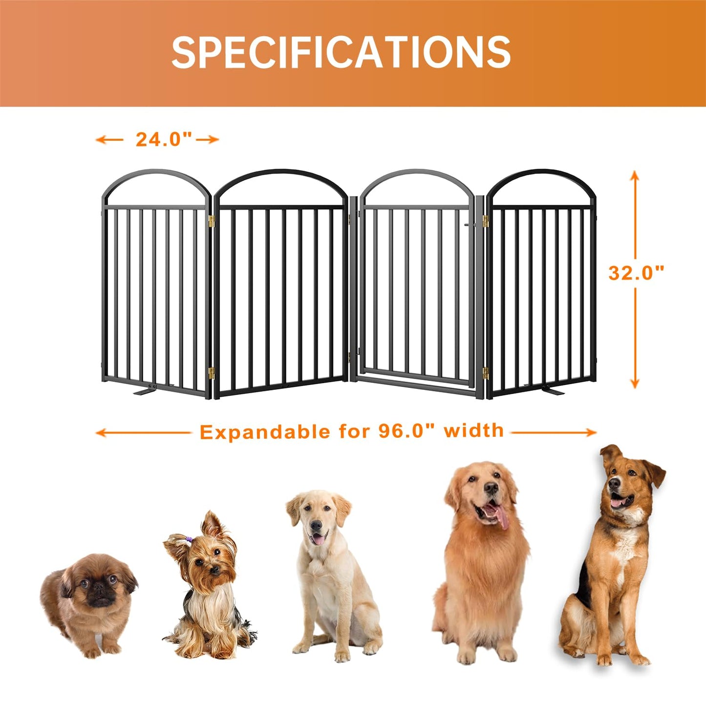 SNUOWU 4 Panels Full Matel Freestanding Dog Gates with Door, 96"Extra Wide 32"Tall Free Standing Dog Pet Gate for Indoor & Outdoor. Foldable Pet Fences for Doorways, House, Stairs, Porch, Deck, Yard