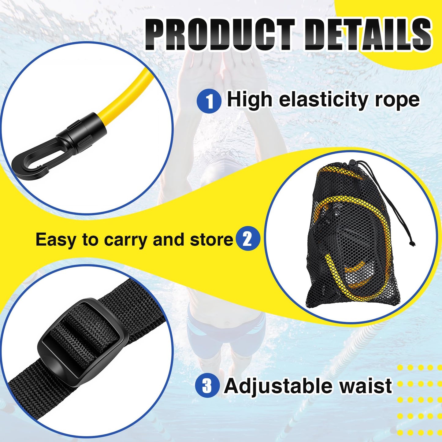 Outus Stationary Swim Trainer Swim Training Belt with 2 Bungee Cords, 2 Adjustable Buckle Straps, Mesh Storage Bag, Swimming in Place Harness for Swimming Pool Aquatic Resistance Water Exercise