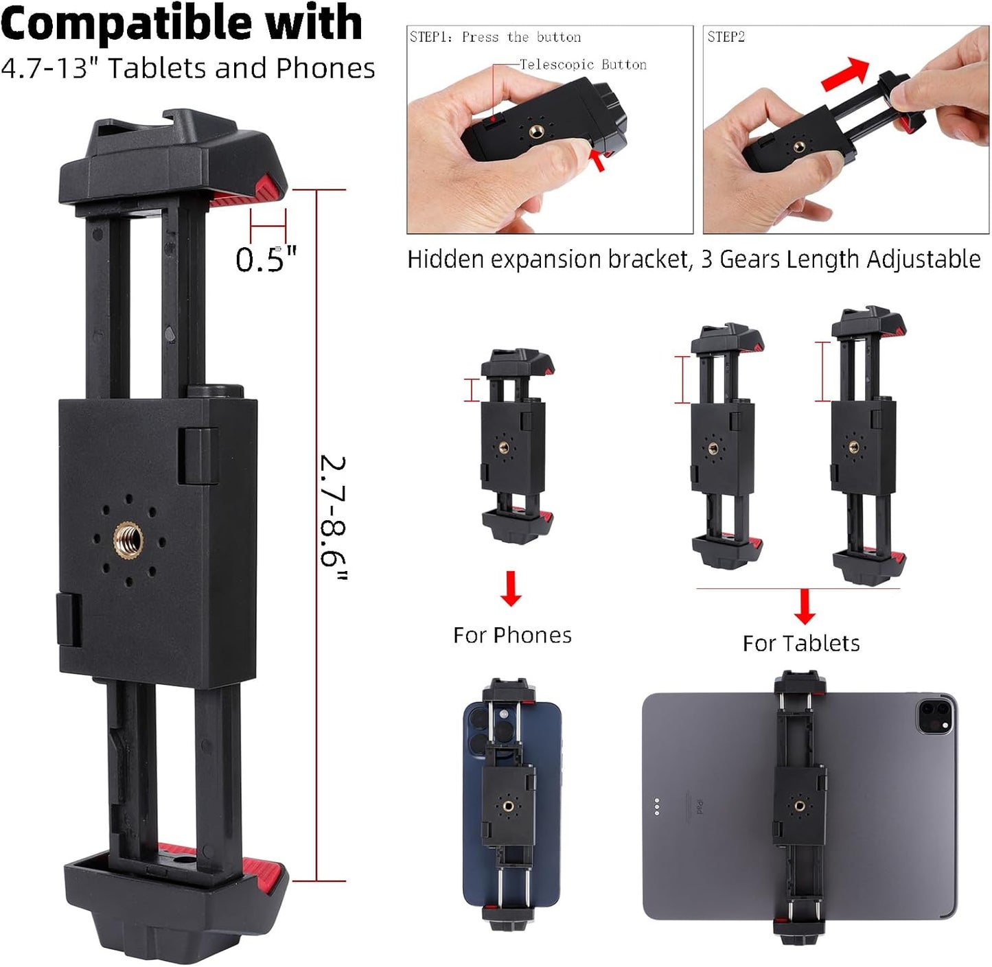 ZUZUXI 4.7-13" 360 12.9/Air/Mini Mini Flexible Tripod Stand for iPad/iPhone Tablets, Portable Desktop Phone Holder
