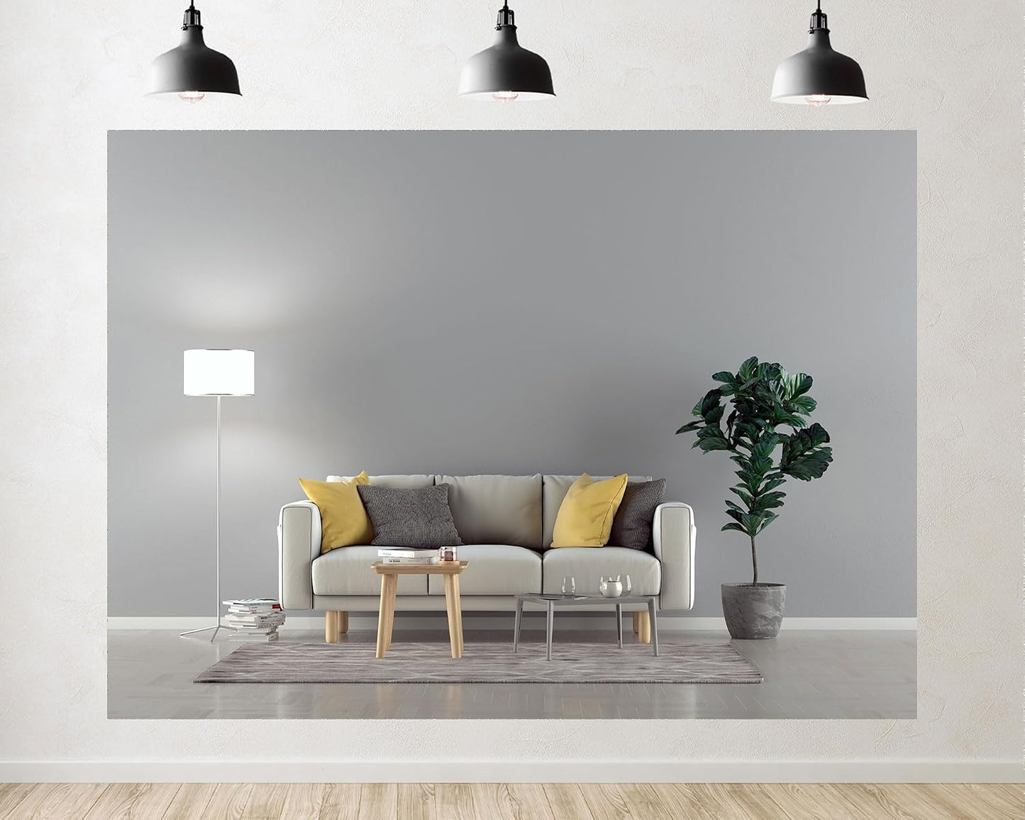 TryKid 5x3ft Modern Living Room Backdrop Beige Sofa Yellow Pillows Fiddle Leaf Fig Minimalist Interior Photography