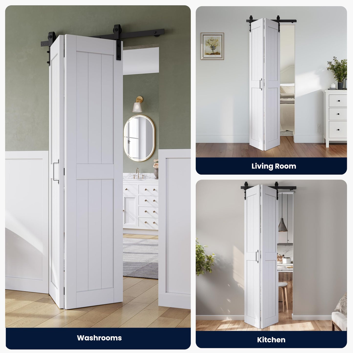Bifold Barn Door 24" x 84", MDF Bi-Fold Sliding Closet Doors with Hardware Kit Included, Pre-Finished Easy Assembly, Water-Proof PVC Surface & Save Space, H-Frame, 28" Track for 2 Doors,White
