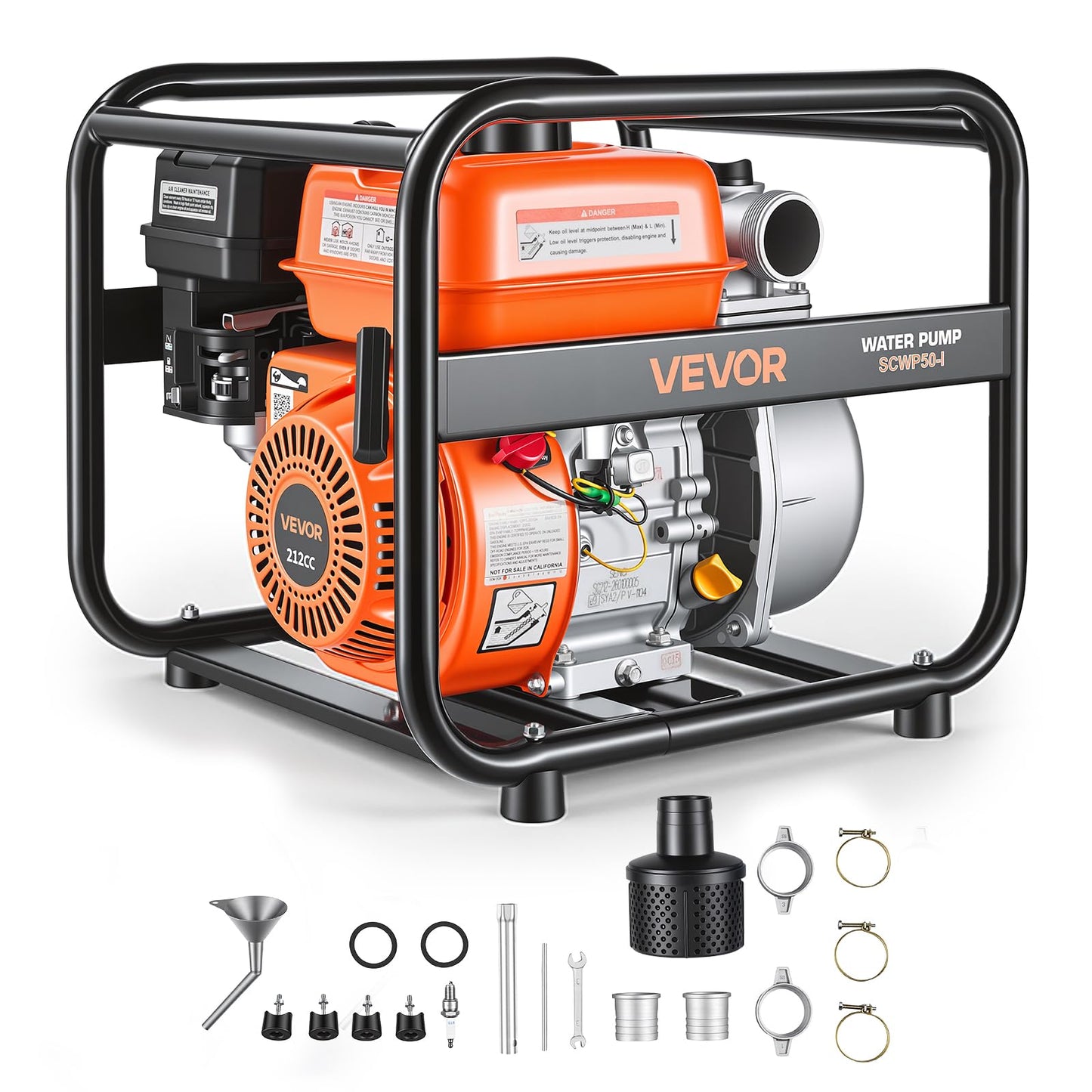VEVOR Gas Powered Water Pump, 2 in, 132 GPM 6.5HP Semi Trash Water Transfer Pump Portable, Gasoline Engine with 25 ft Discharge Hose, Heavy Duty Frame, Cast Iron Impeller, for Irrigation, Ponds, Pools