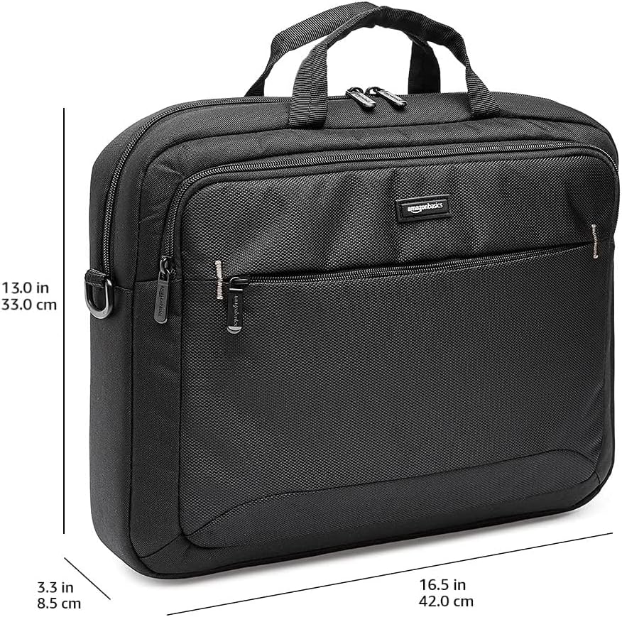 Amazon Basics 15.6 in Laptop Bag with Shoulder Strap and Handle, Large Capacity, Spacious Compartments, Black