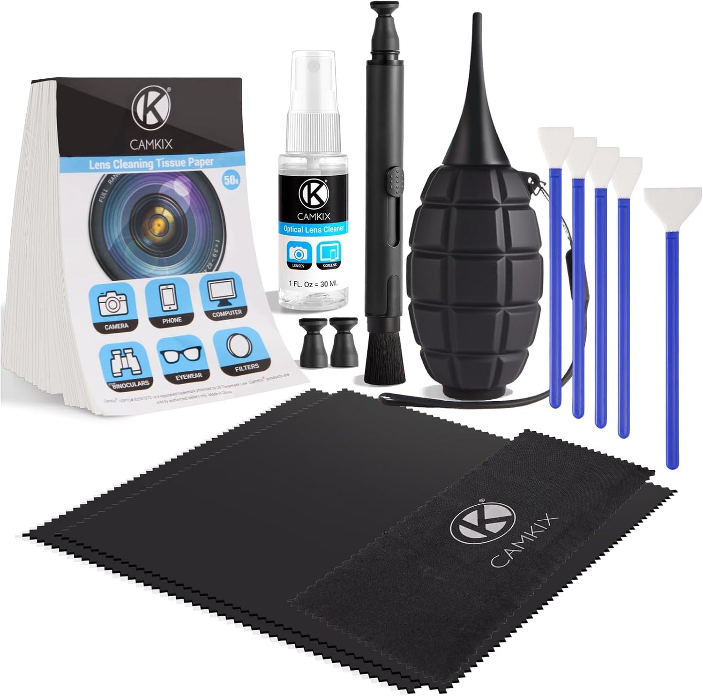 CamKix 14-in-1 2in1 30 ML Camera Lens Cleaning Kit - Includes Advanced Large Silicone Air Blower, Lens Cleaning Pen