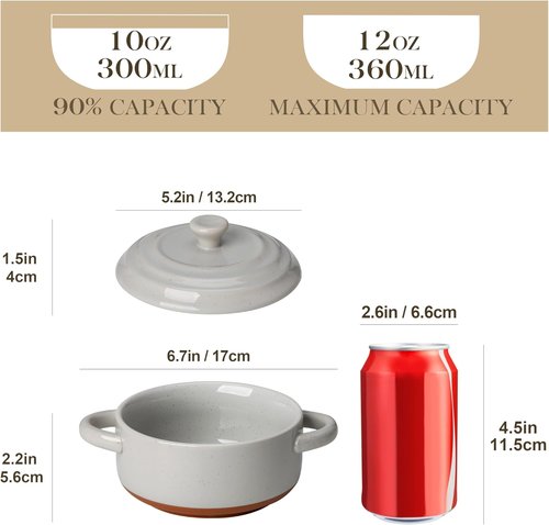 MALACASA Mini Cocotte Set - 12 OZ Ceramic Ramekins with Lids & Handles | Set of 4, Khaki Grey, Oven Safe