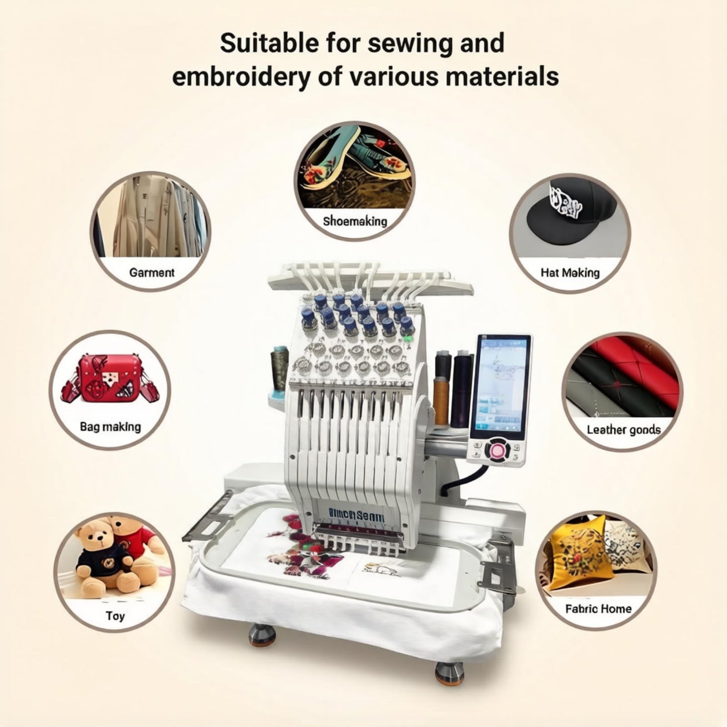 Compact Embroidery Machine with 9 Needles, 1200SPM Max Speed, 10“ Touch Screen, 8"x12" Embroidery Area, For Flat, Hat, T-shirt etc.