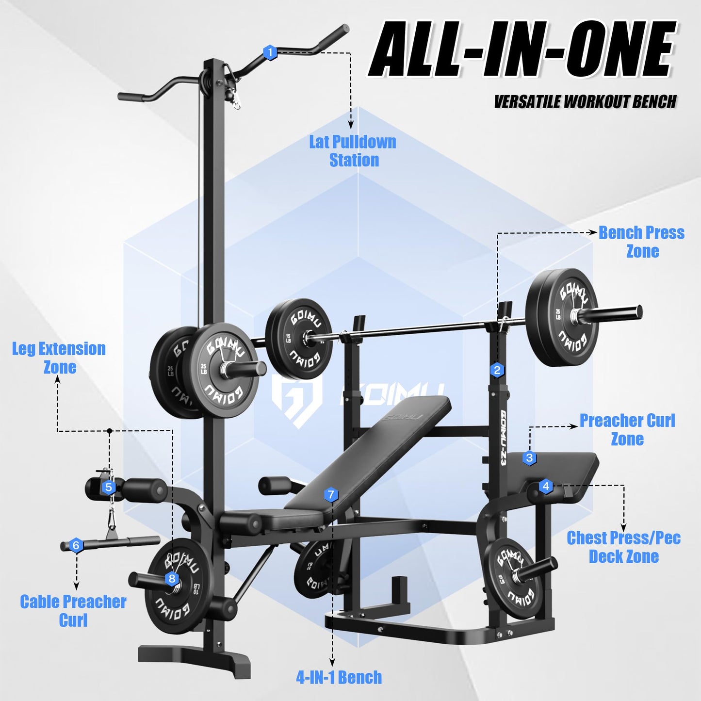 Goimu Z3 900LBS Olympic Weight Bench Set with Leg Extension, 9 in 1 Workout Press with Preacher Curl Pad and LAT Pulldown, Strength Training Bench for Home Gym (100lbs Colorful Plates and Bench)