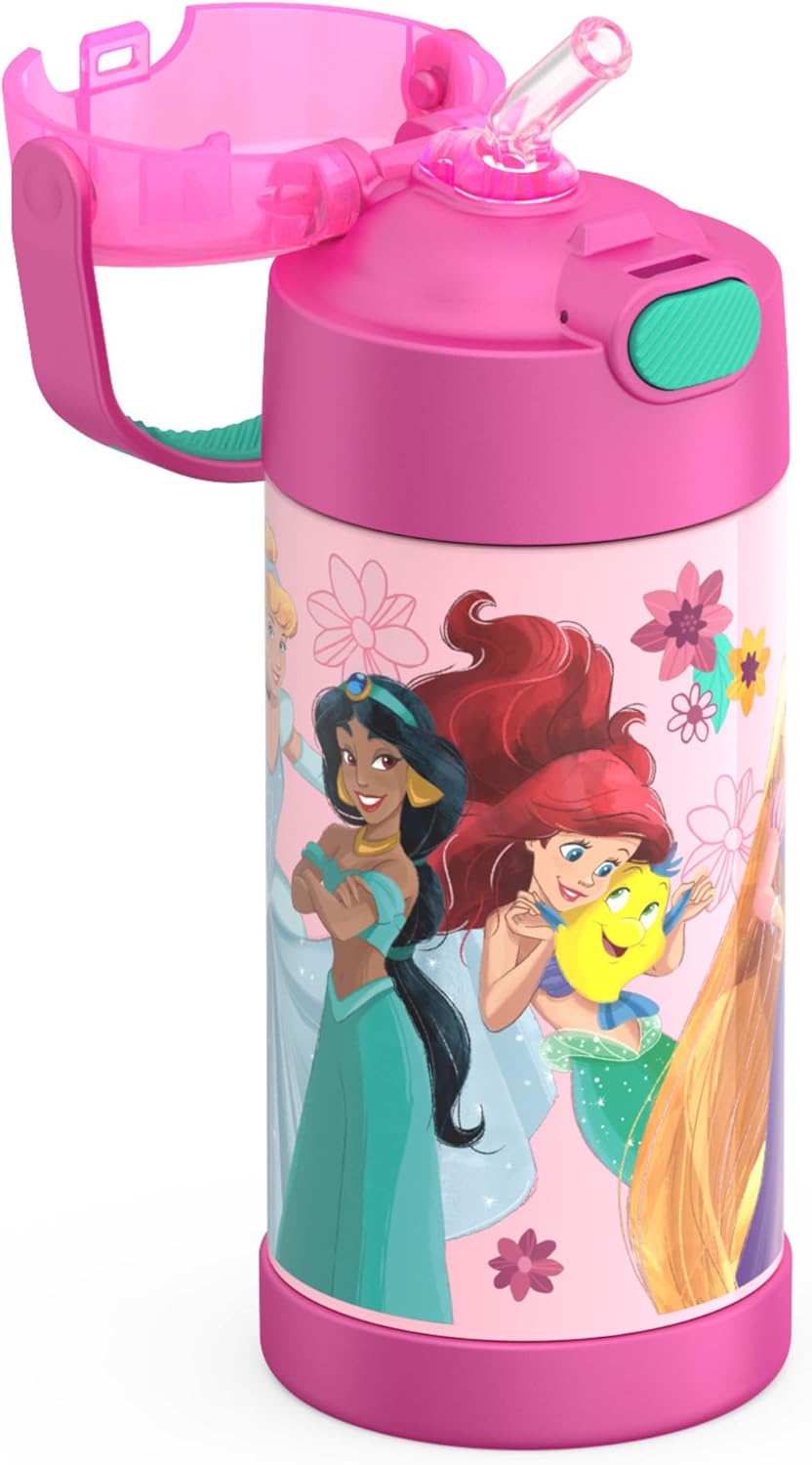 THERMOS FUNTAINER Water Bottle - 12 Ounce Stainless Steel Insulated Bottle with Straw | Princess Design