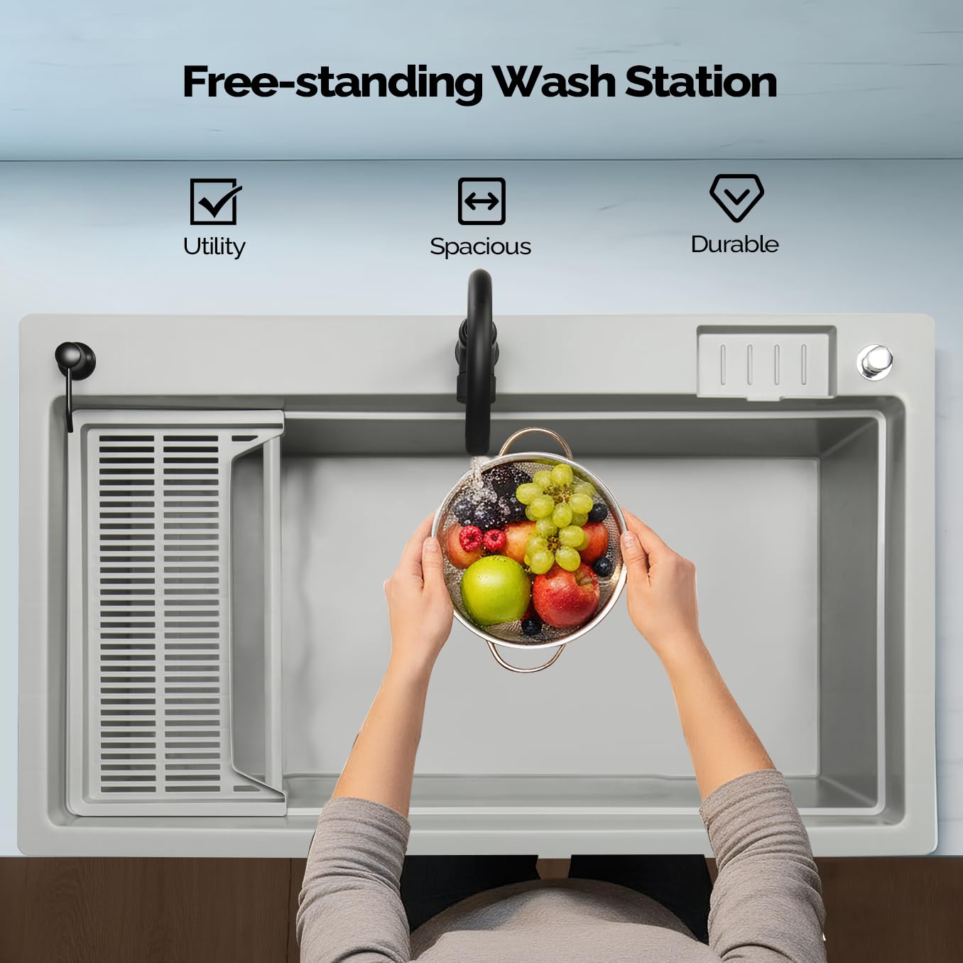 Bonnlo 37-Gallon Freestanding Utility Sink with Faucet, 36" Heightened Basin for Laundry, Garage, Outdoor Garden, Pet Wash, Heavy Duty Plastic Laundry Tub with Storage Shelf, 40"L×24"W×36"H (Gray)