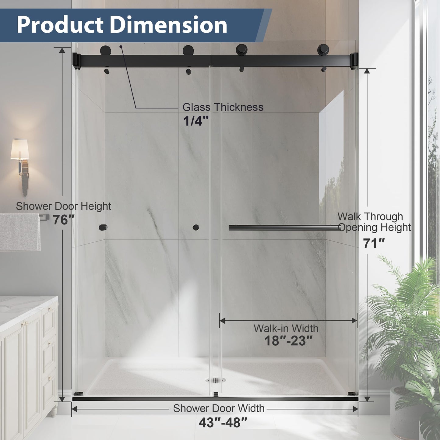 EASYWORC Frameless Double Sliding Shower Doors, 43-48" W x 76" H Shower Glass Door, 1/4" (6mm) Thick ANSI Certified Tempered Glass with Explosion-Proof Film and Nano Coating,Matte Black