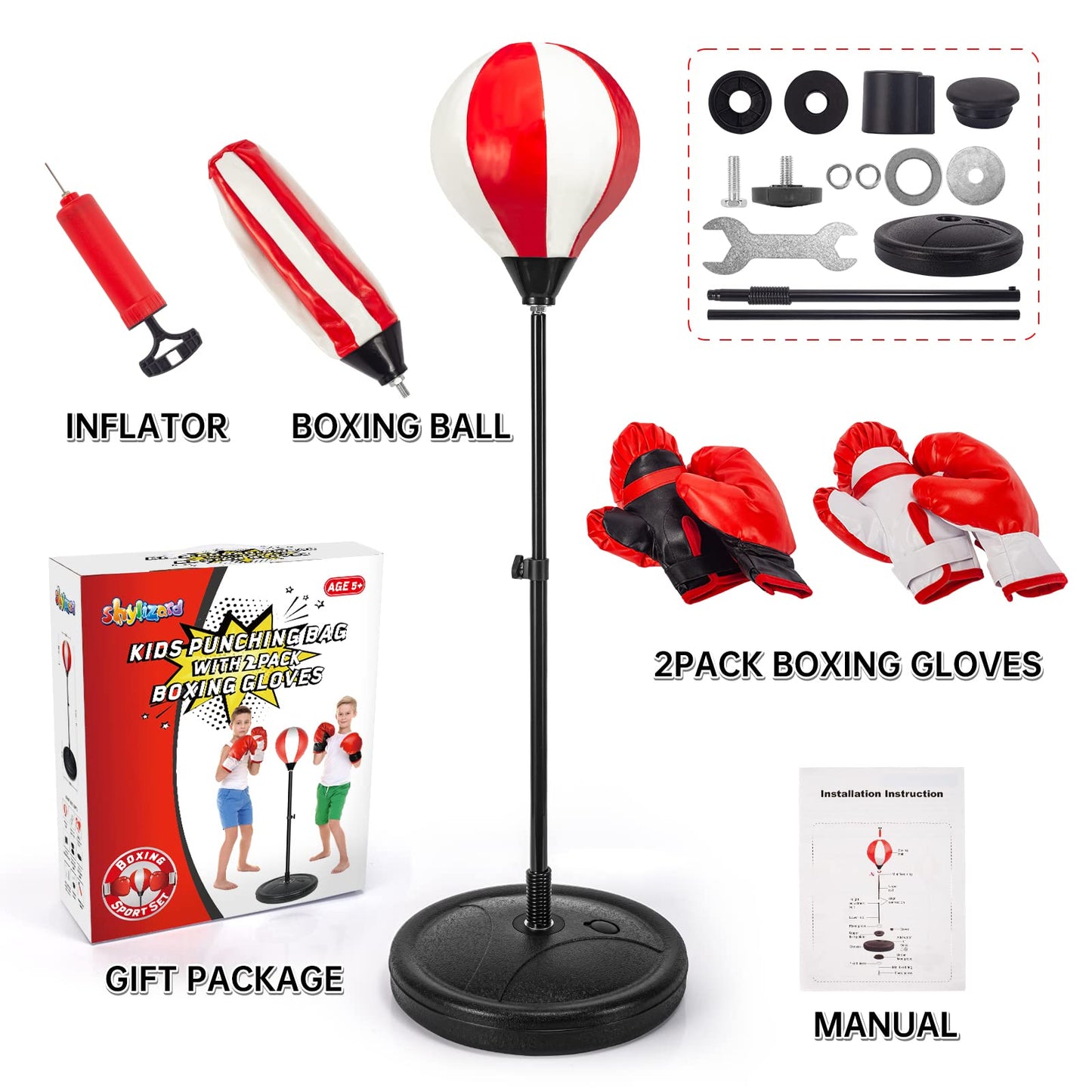 ShyLizard Punching Bag for Kids Included 2 Pack Boxing Gloves, Boxing Toy Sets with Height Adjustable Stand for Boys, Sports Gifts for Boys & Girls Age 5,6,7,8,9,10 Years Old