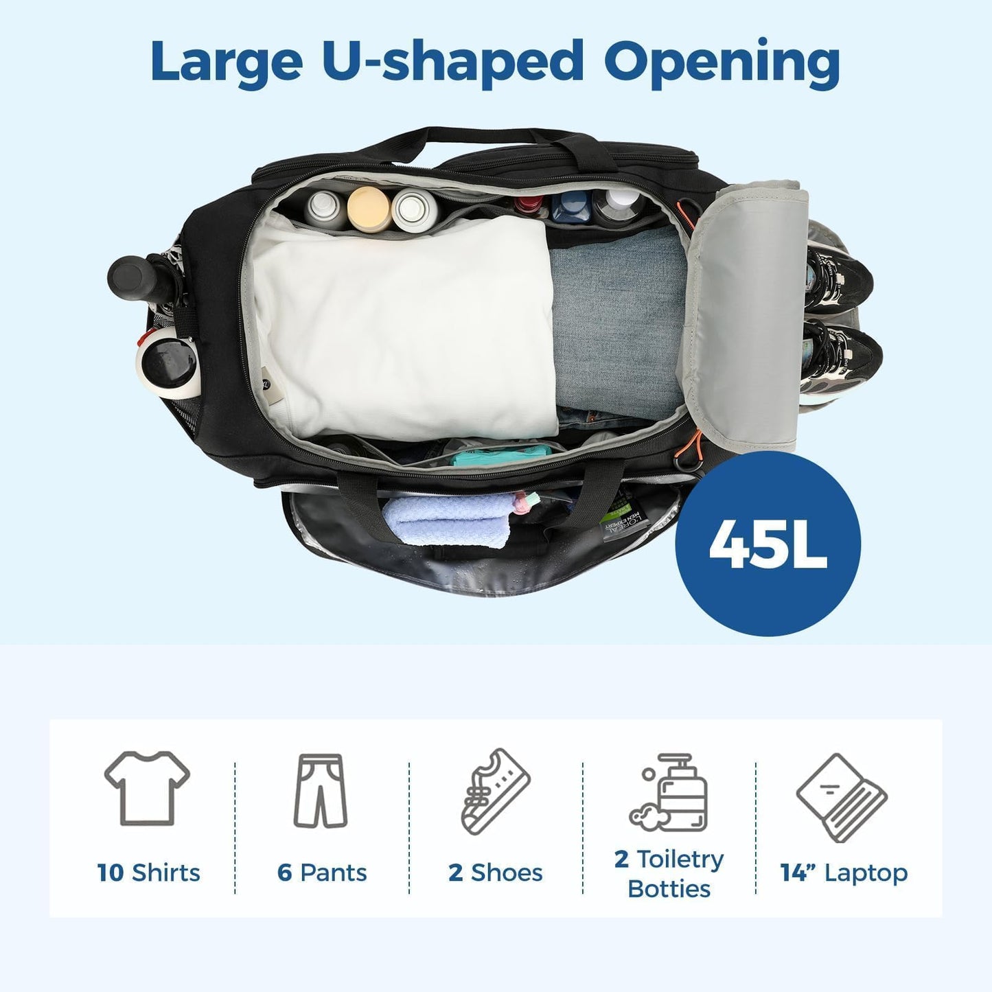 Searock 45L Gym Bag for Men, 3-In-1 Duffle Bag Backpack for Travel, Sports Duffel Bags for Gym Workout, Weekender Overnight Bag with Shoe Compartment, Wet Pocket, Black
