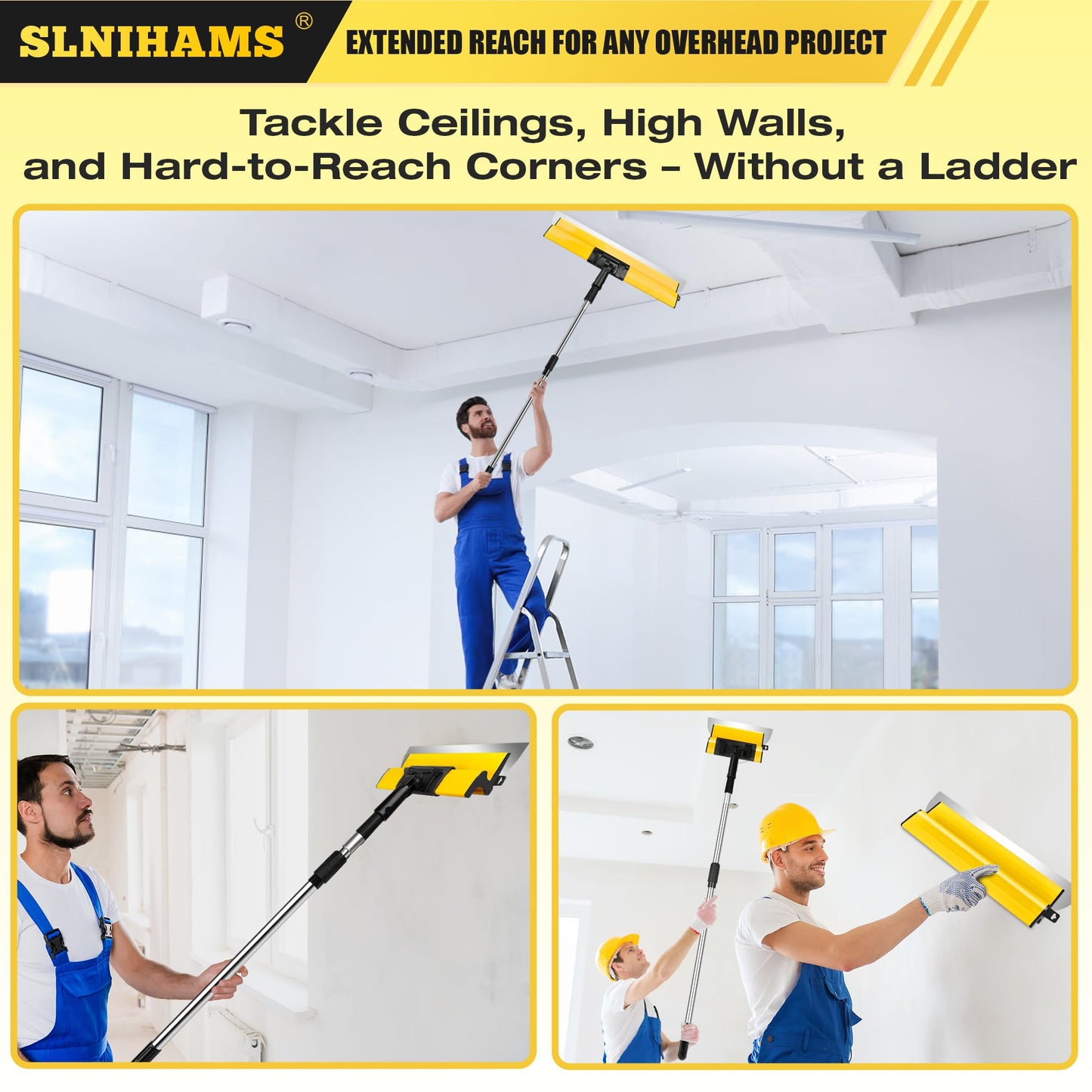 SLNIHAMS Drywall Skimming Blade Set with Replaceable Blades – 5 Stainless Steel Blades (16"-32"), 29"-47" Telescoping Handle & Grip Adapter – Professional Wall Finishing Tools for Smooth Coating