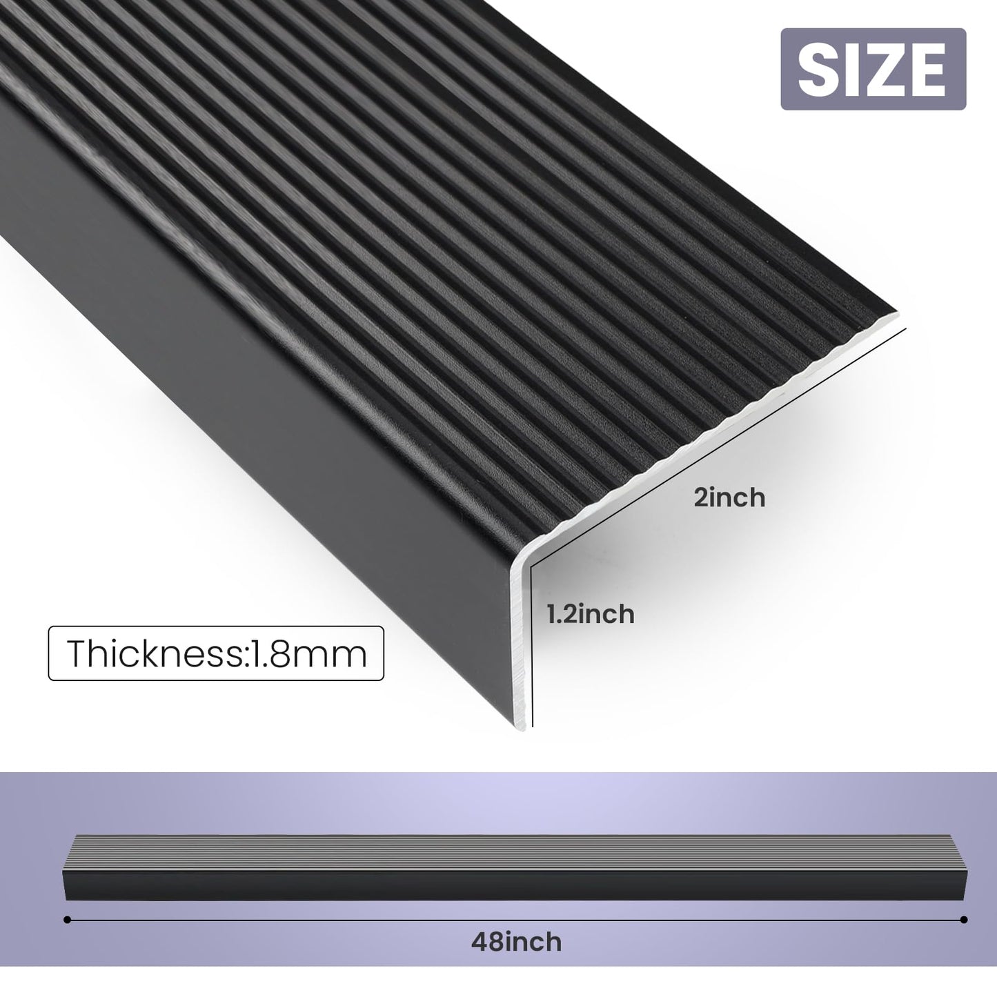 Orechic Black 48" Metal Stair Nosing, Heavy-Duty Aluminum Self-Adhesive Stair Edge Protector for Indoor/Outdoor Stairs, Non-Slip Tread Cover, L- Molding(48 x 1.2 x 2 in, 2Pcs)