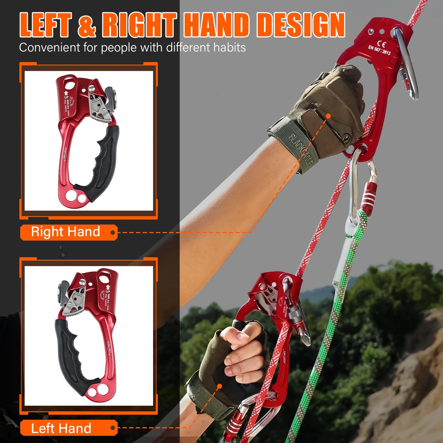 AOKWIT UIAA & CE Certified Rope Ascender Aluminum Alloy Rock Climbing Gear Strong Rigging Rappelling Equipment for Rock Tree Climbing Arborist Rescue Mountaineering Caving (Left Hand Red 1)