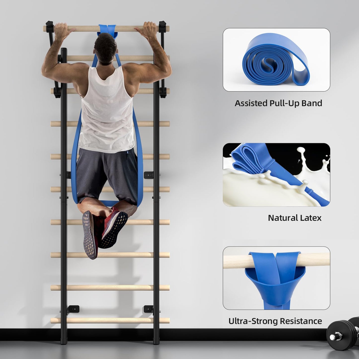 Swedish Ladder, Wood Stall Bar with Suspension Trainer Straps, Pull-Up Dip Bar Attachment, Strategic Rods, for Home, School, hysical Therapy and Gymnastics, Upgrade Installation