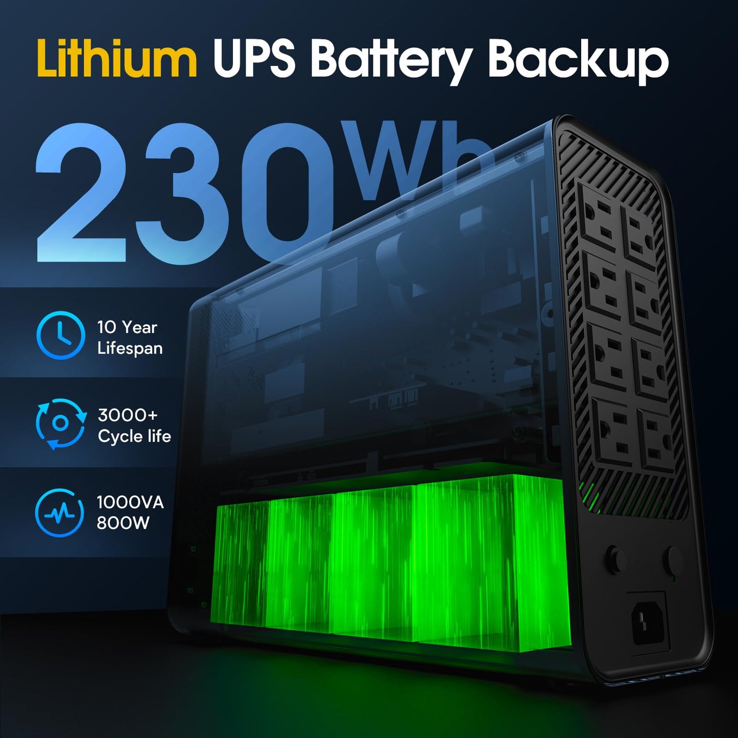 GOLDENMATE 1000VA/800W Lithium UPS Battery Backup and Surge Protector, Sinewave UPS System with LiFePO4 Battery(230Wh), Updated Pro Ver. with USB Communication Port, 8 Outlets, LCD Display, Gray