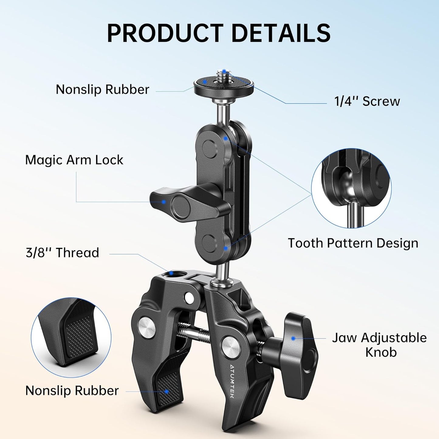 ATUMTEK 1/4" 3/8" 360 GoPro/Insta360/INSTAX/DJI Super Camera Clamp Mount with and Threads, Dual Ballhead Magic Arm Ball