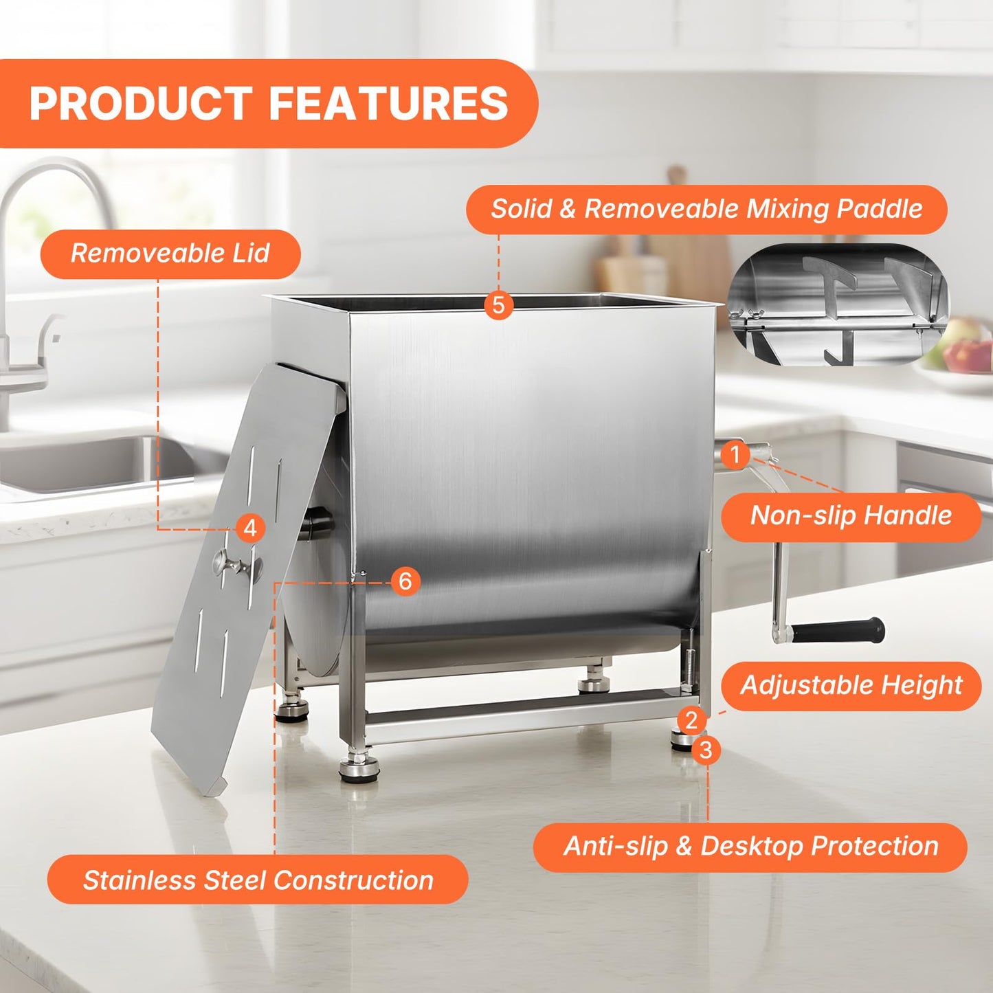 Hakka Manual Meat Mixer 15lb/7.5L, 10L Stainless Steel Updated Commerial Food Mixer for Meat and Seasonings, Sausage, Burger, Patty