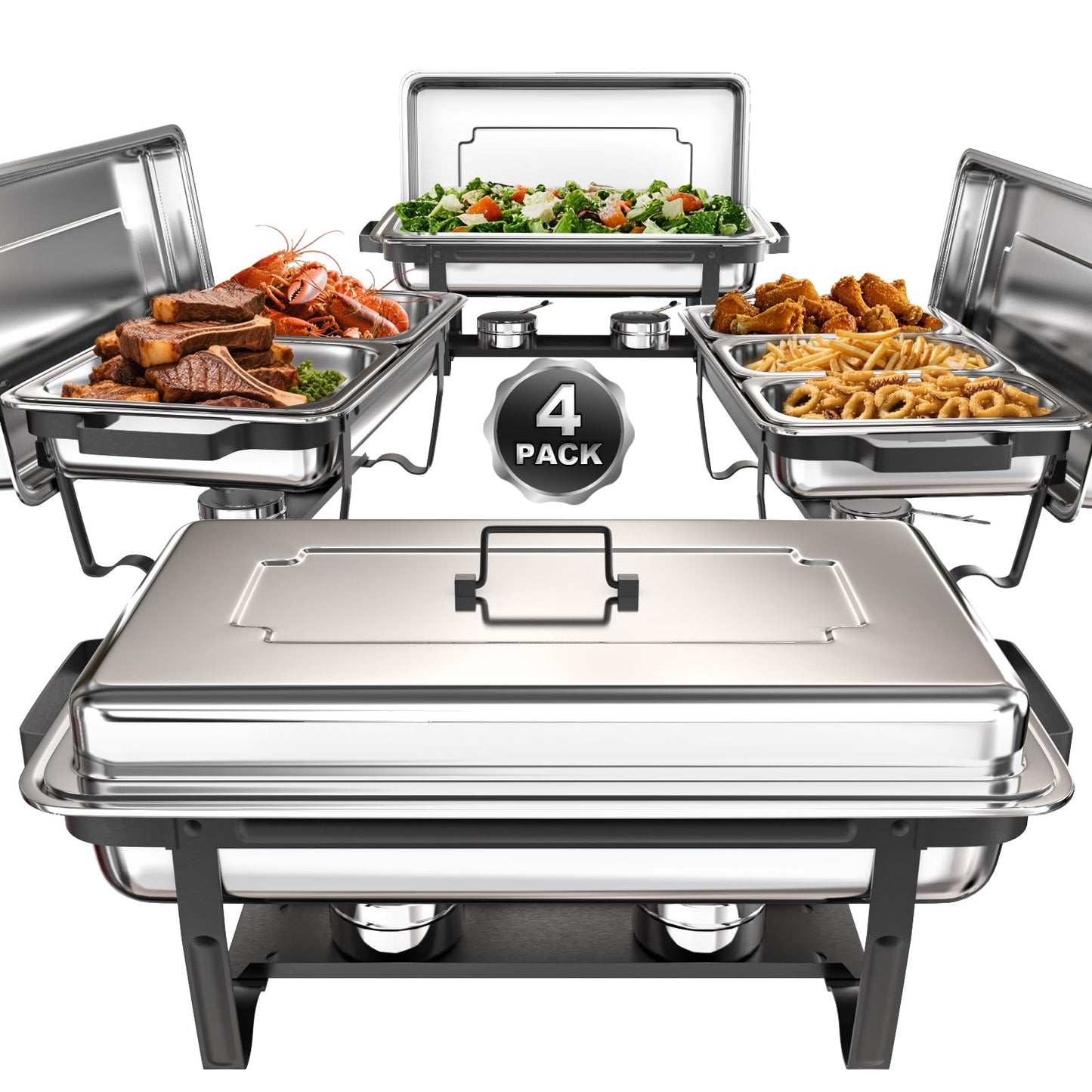 SIFER Chafing Dishes for Buffet 9Qt 4 Pack with Multi-Size Food Pans-Screwless Installation Chafing Dish Buffet Set,Foldable Handles Stacking Design,Stainless Steel for Events,Black