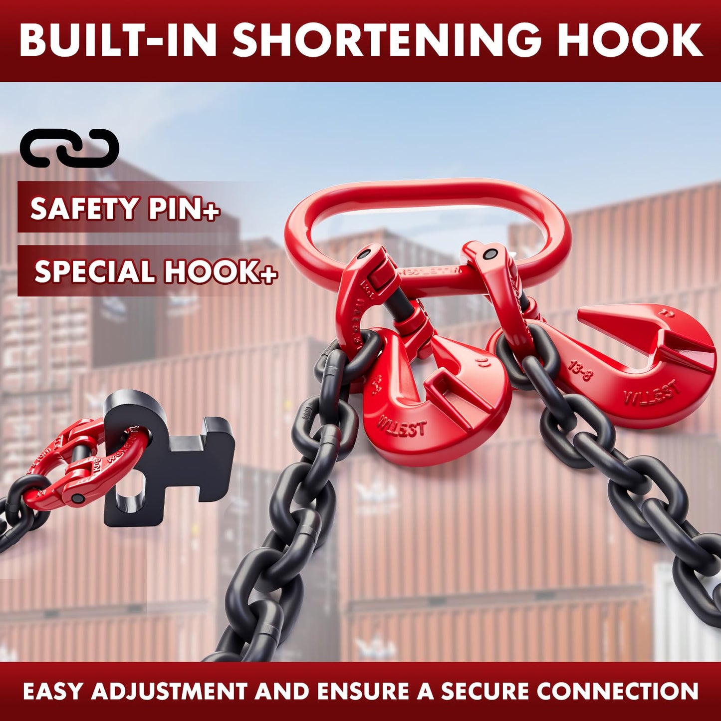 G80 Shipping Container Loading Chain (1/2" x 5'), Container Hooks with Hot Dip Galvanized V-Chain, Suitable for Cargo, Safety Locking Hooks for 20ft/ 40ft Shipping Containers, Trailers, Heavy Cargo