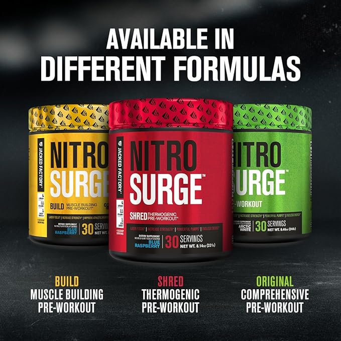 Jacked Factory NITROSURGE Shred Pre Workout Supplement - Energy Booster, Instant Strength Gains, Sharp Focus, Powerful Pumps - Nitric Oxide Booster & PreWorkout Powder - 30Sv, Orange Pineapple