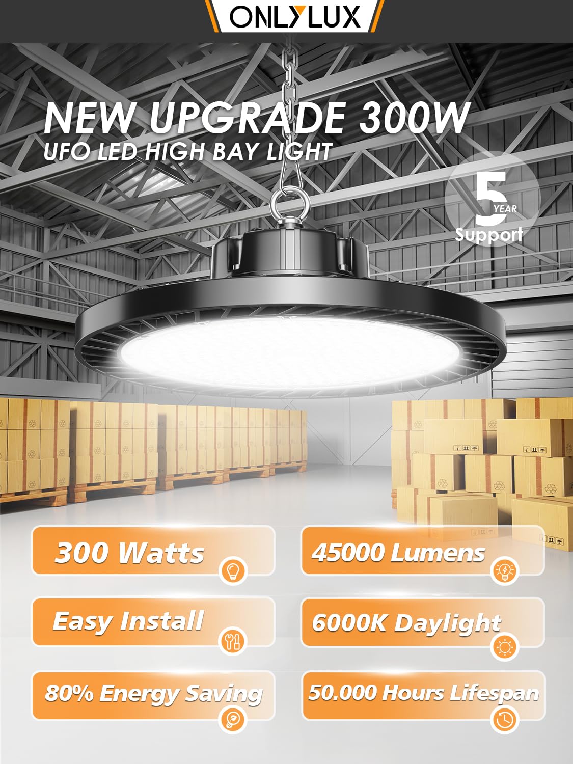 ONLYLUX 300W Super Bright UFO LED High Bay Lights 8 Pack 6000K Daylight, 45000lm, Led Shop Lights (1200W MH/HPS Eqv.) with US Plug 5ft Cable for Garage Plug & Play Lighting for Warehouse