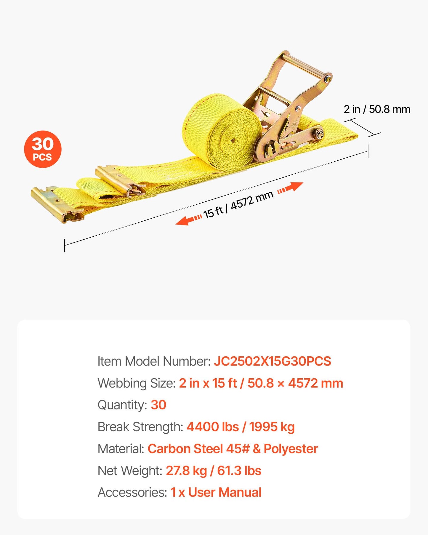 VEVOR E Track Ratchet Straps (30-Pack), 2" x 15'E-Track Straps 4400 LBS Breaking Strength, Polyester Webbing & Spring Fitting & Ratchets, Durable Tie-Downs for Tires Motorcycles Trailers Loads Yellow