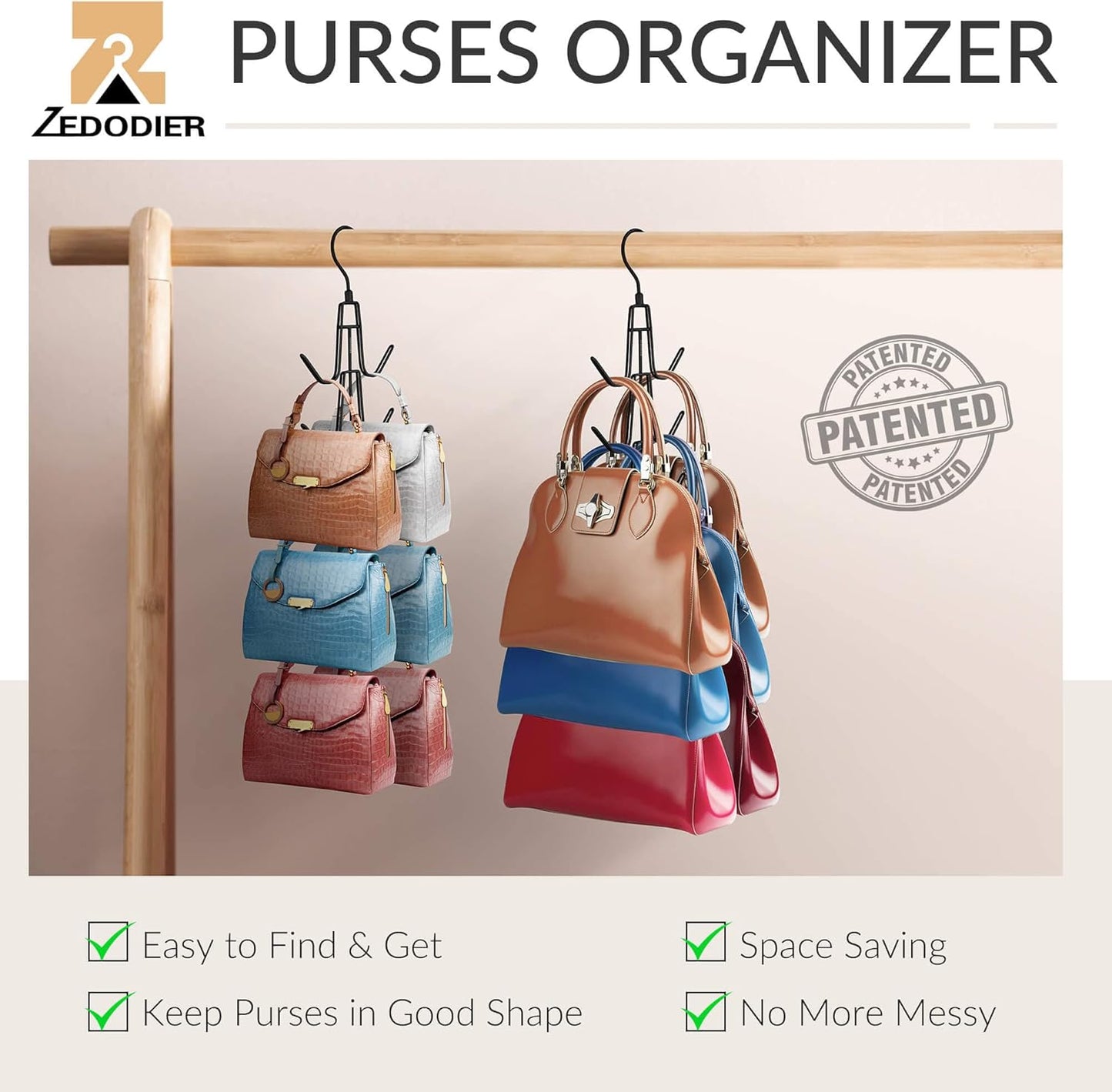 ZEDODIER Purse Organizer - Heavy-Duty Metal Hanging Hanger Holds Up to 12 Purses | Black, Space-Saving Design