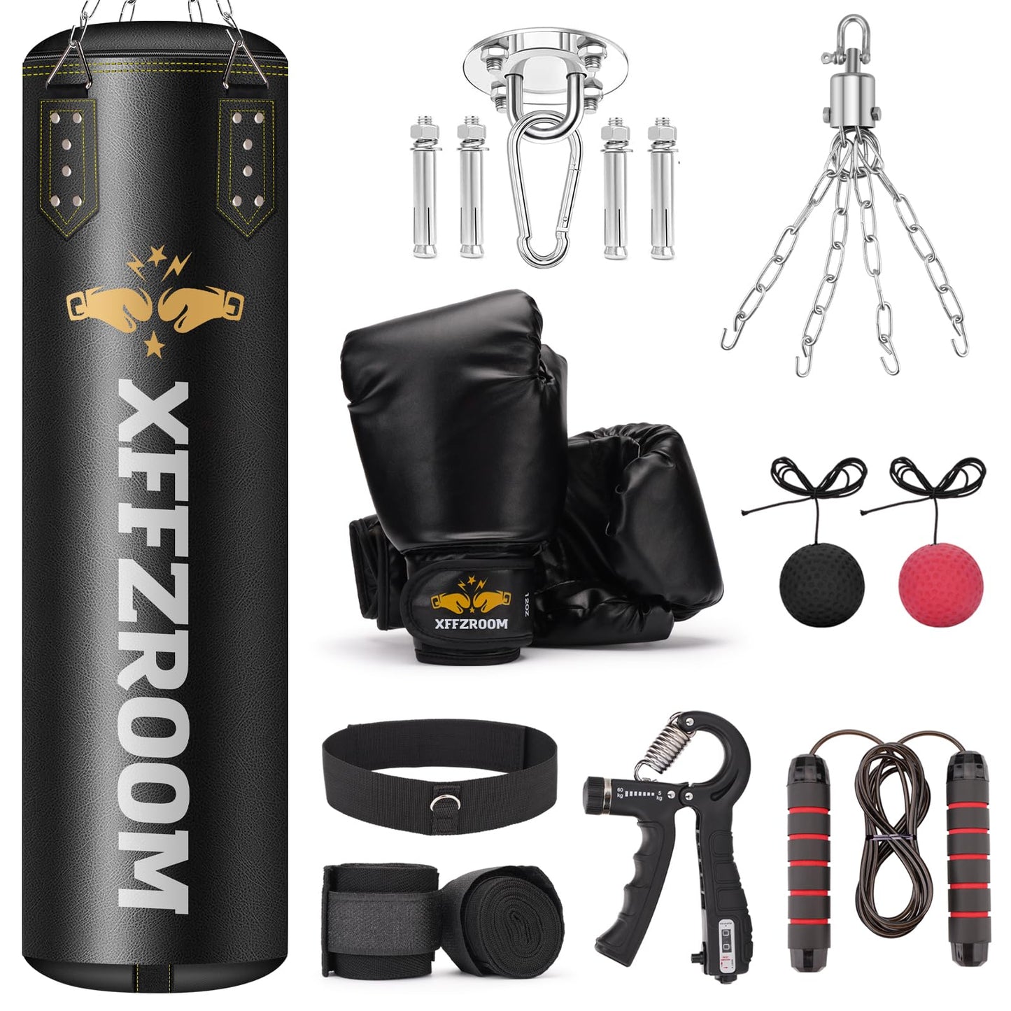 xffzroom Punching Bag for Adults, 4ft PU Leather 6 in 1 Heavy Boxing Bag Set, Punching Bag with 12oz Boxing Gloves, Hand Wraps, Hanging Bag for MMA Karate Kickboxing Muay Thai Boxing Home - Unfilled
