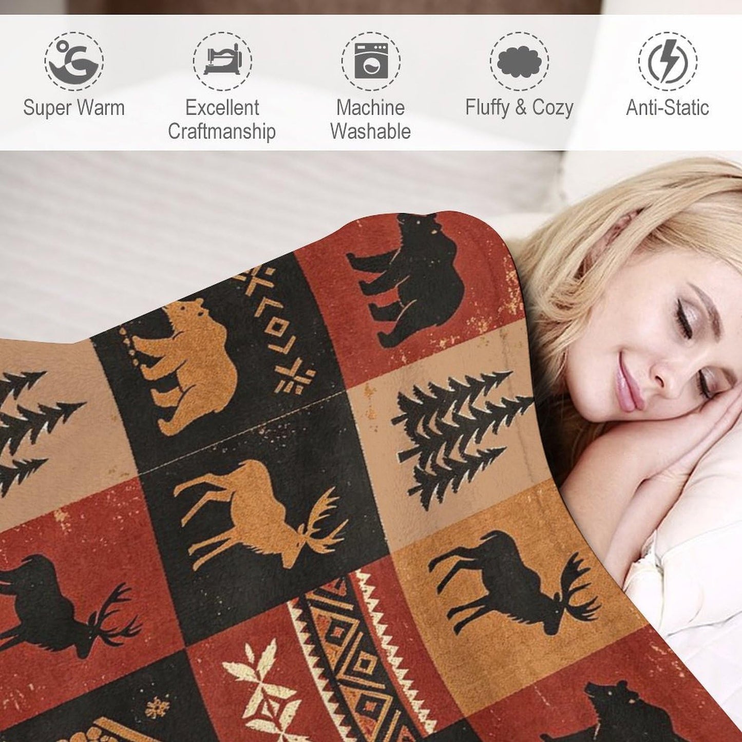 Bear Rustic Cabin Moose Blanket Soft Flannel Farmhouse Throw Blanket Gifts for Adults Cozy Blanket for Red Black Check Farmhouse Art All Season Couch Bed Sofa Home Decor, 50"x60"