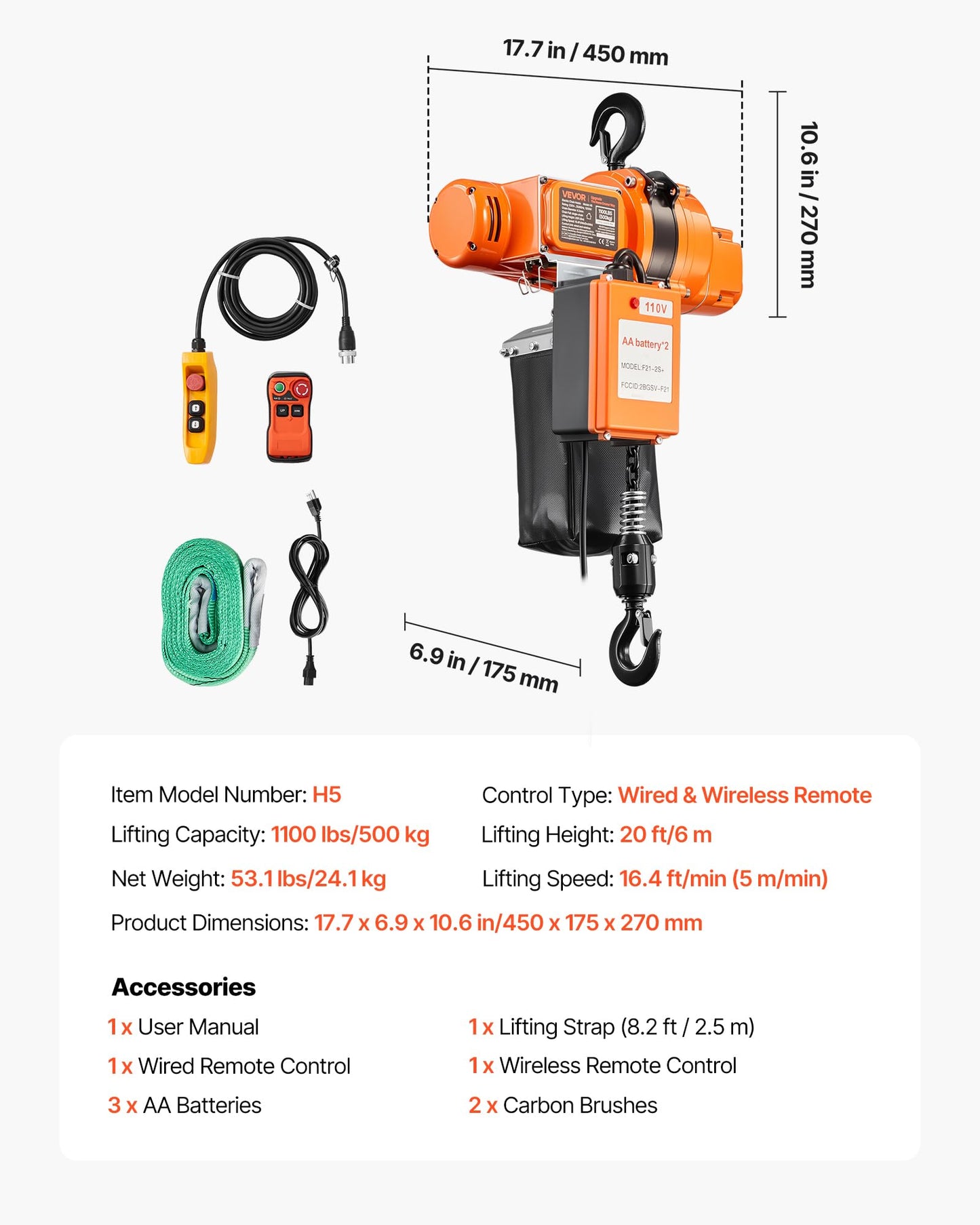 VEVOR 1100 lbs Electric Chain Hoist, 20ft Lifting Height, 120V 60Hz Single Phase Overhead Crane w/ 328ft Wireless & 15ft Wired Remote Control, Power Electric Hoist for Factories, Warehouses, Garages
