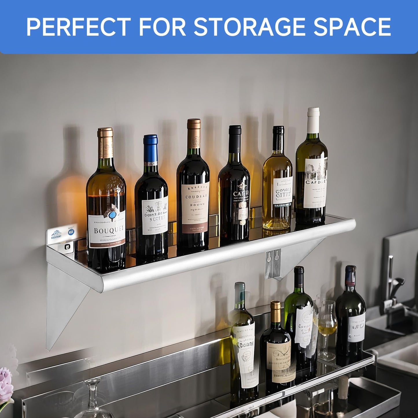 ROCKPOINT Stainless Steel Shelf 10 x 16 Inches 190lb, 2 Pack NSF Metal Commercial Shelves Wall Mount Floating Shelving with Backsplash for Restaurant, Kitchen, Home and Hotel, Silver