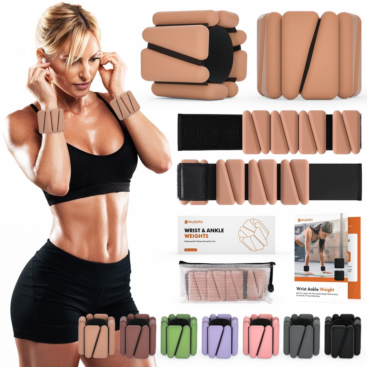 Wrist Weights, Ankle Weights for Women Men, Adjustable Wrist Weighted Bracelet for Home Gym Workout, Running, Yoga, Exercise, Strength Training, Set of 2 (1LB Each)-Light Brown
