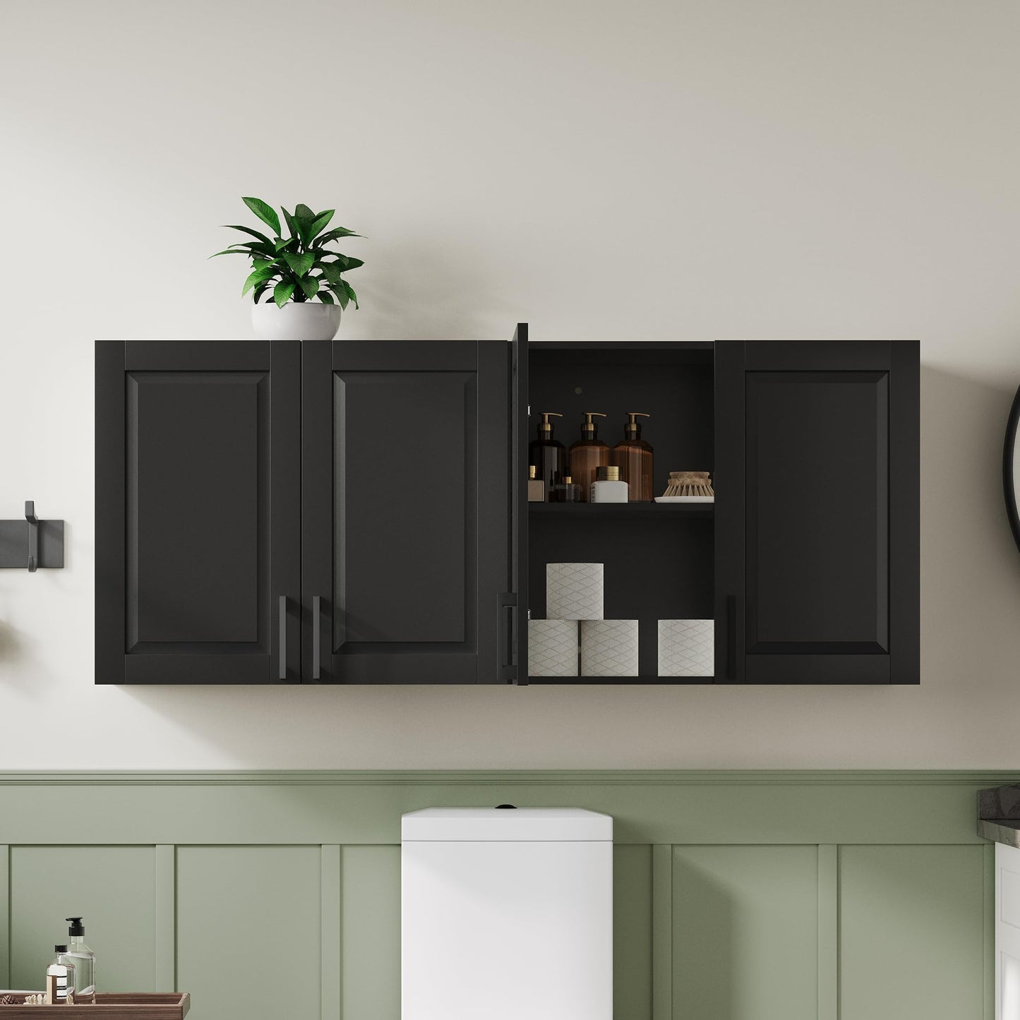 ChooChoo Laundry Room Cabinets, 4 Doors Wall Mounted Storage Cabinet, Kitchen Wall Storage, Bathroom Wall Cabinet, Black
