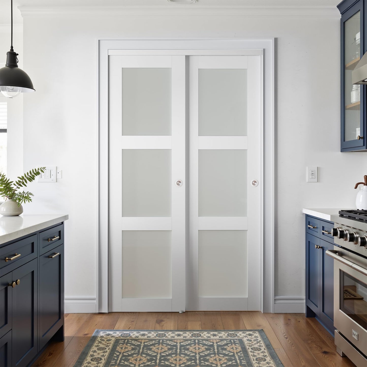 COSHOMER Sliding Closet Door for 48" x 80" Opening with Hardware Kit Set, Preassembled 3-Lite Frosted Glass MDF Barn Doors, White