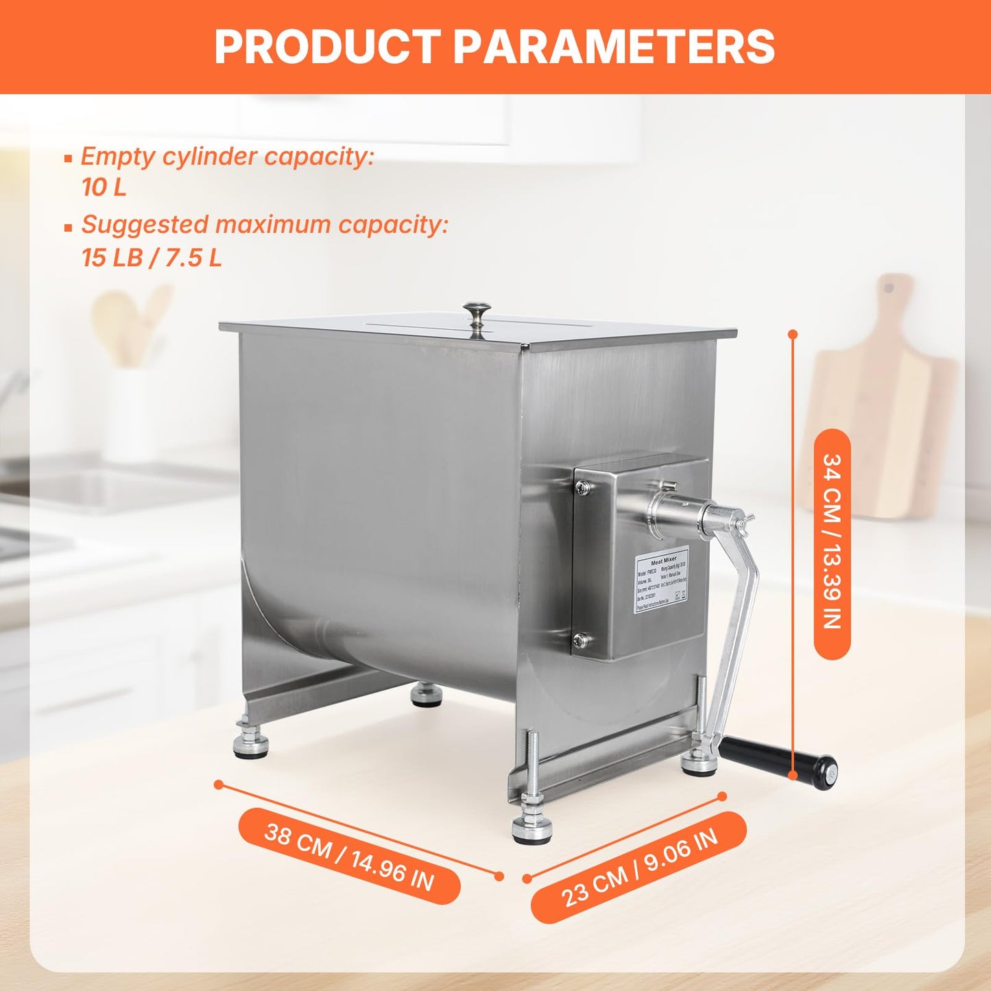 Hakka 15lb/7.5L Manual Meat Mixer, Stainless Steel 10L Fixed Tank Meat Mixer for Sausage (Mixing Max.15lb for Meat)