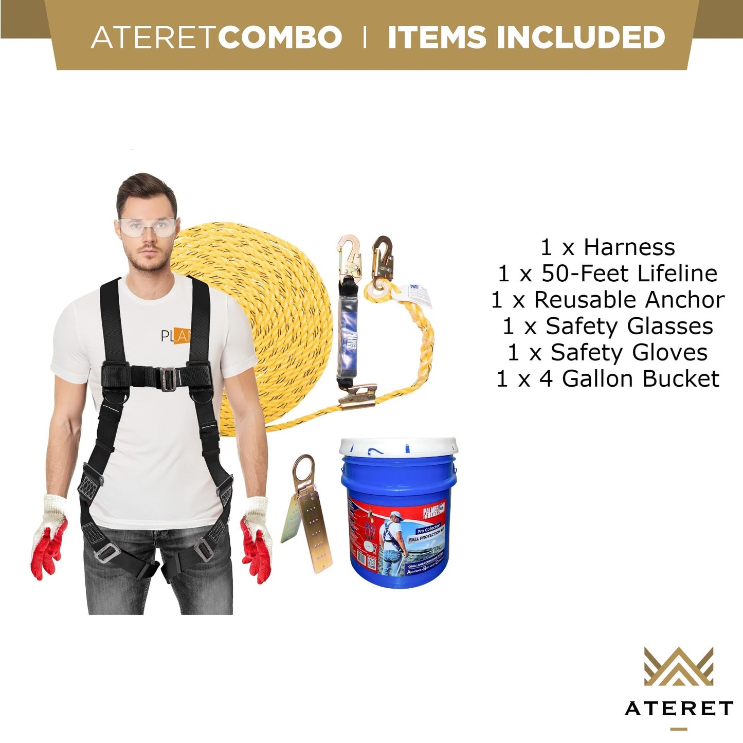 Palmer Safety Fall Protection Roofing Bucket Kit I Full-Body Harness, 50' Vertical Rope & Anchor Set I Construction Fall Arrest Kit for Roofers & Construction Workers I OSHA & ANSI Compliant Equipment