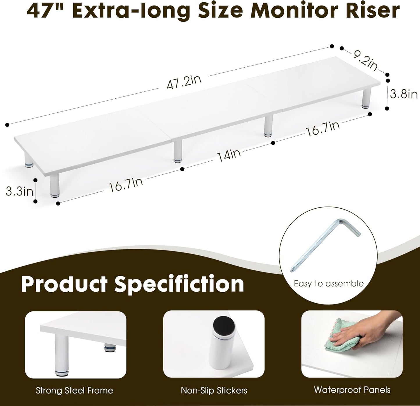 47 Inch 2 La Jaco Extra-Long Dual Monitor Stand Riser for Monitors, Desk Shelf TV Riser Blocks, Wood and Steel Desktop