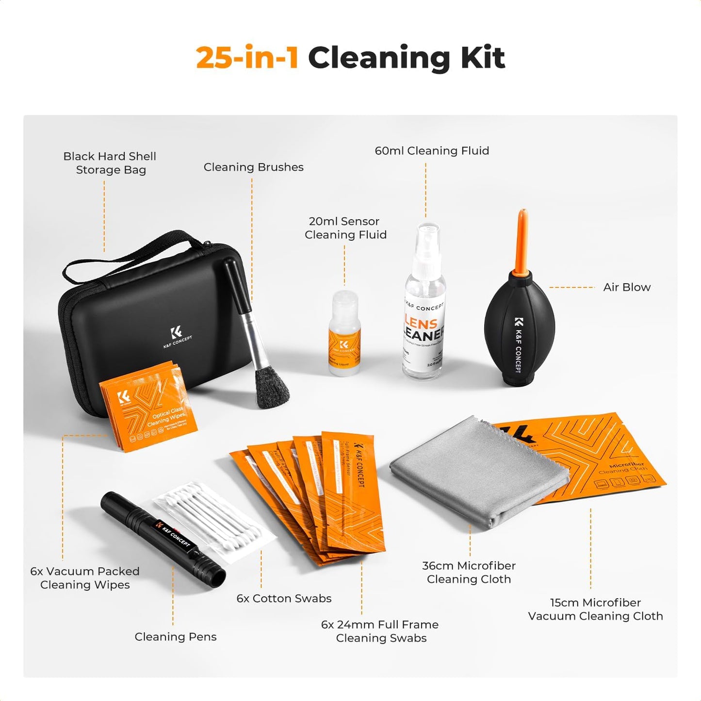 K&F CONCEPT 25-1 Swabs/60&20ML Professional Camera Cleaning Kit for DSLR Cameras with Full Frame Sensor Cleaning Lens