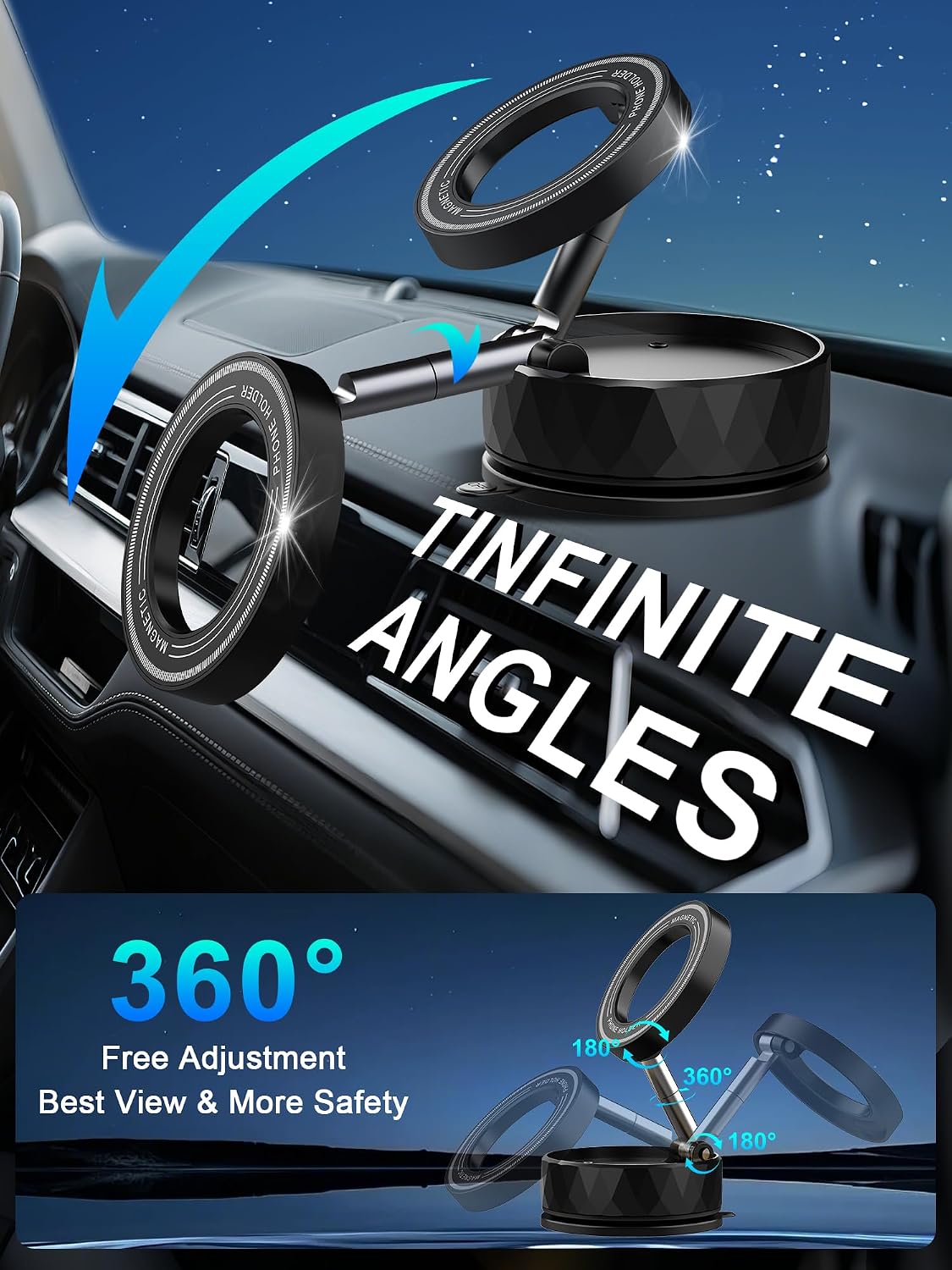 Bensejk 360Adjustment, 12-17(Black) Vacuum Magnetic Phone Holder, Magnetic Phone Holders for Car, Suction Cup & Strong