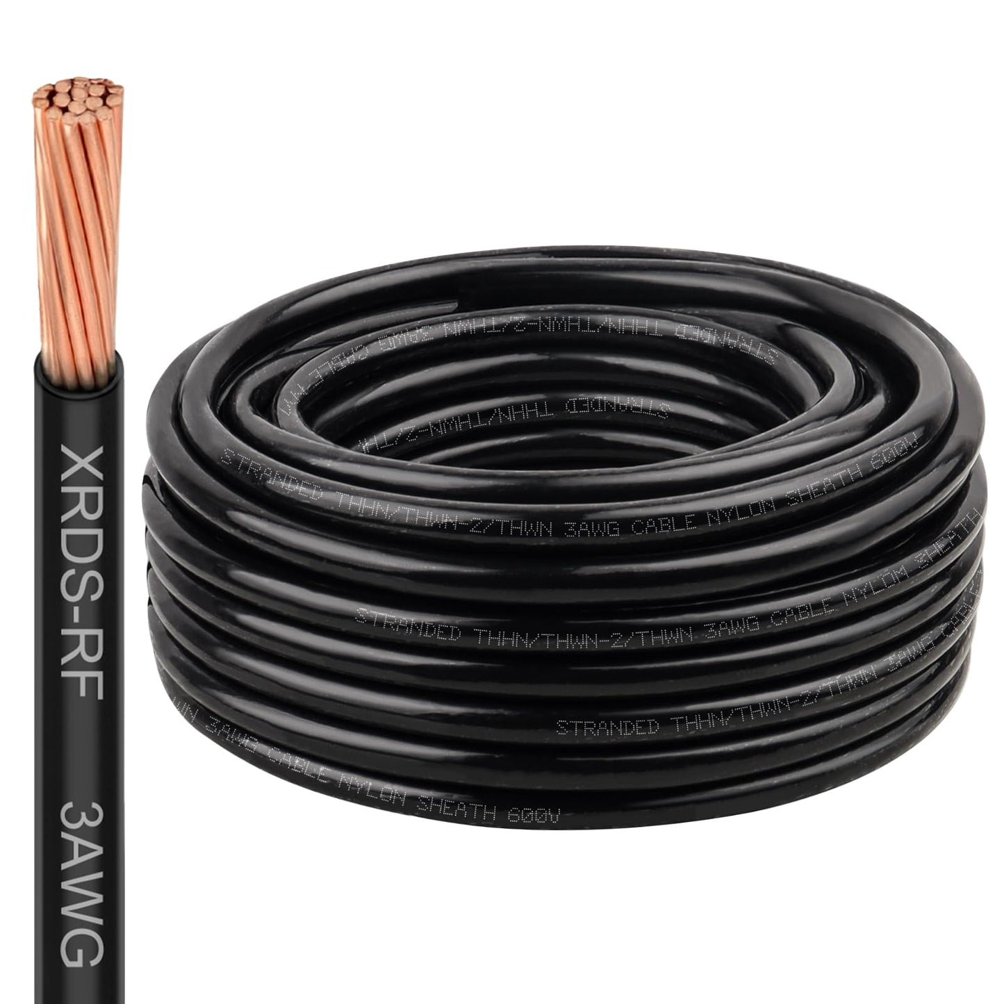 XRDS -RF THHN Wire 50FT, 3AWG Stranded Copper THHN Electrical Wire, Black Nylon-Coated Thermoplastic Insulated Cable for Indoor Conduit Wiring, 600V Rated