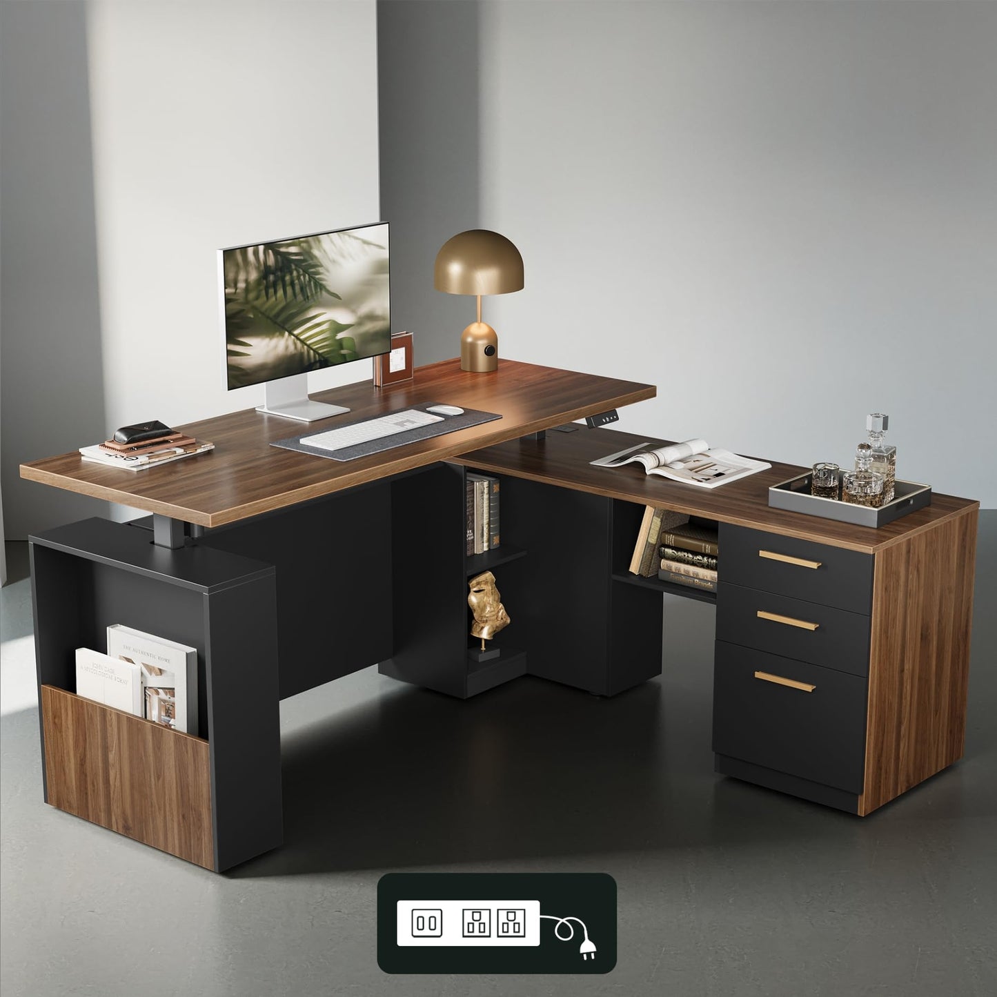ModernMate 63" Standing Desk with File Cabinet, Privacy Panel, AC/USB, 1.18" Desktop, Executive L Shaped Height Adjustable Electric Stand Up Desk, Home Office Table with 3 Drawers, Black Walnut