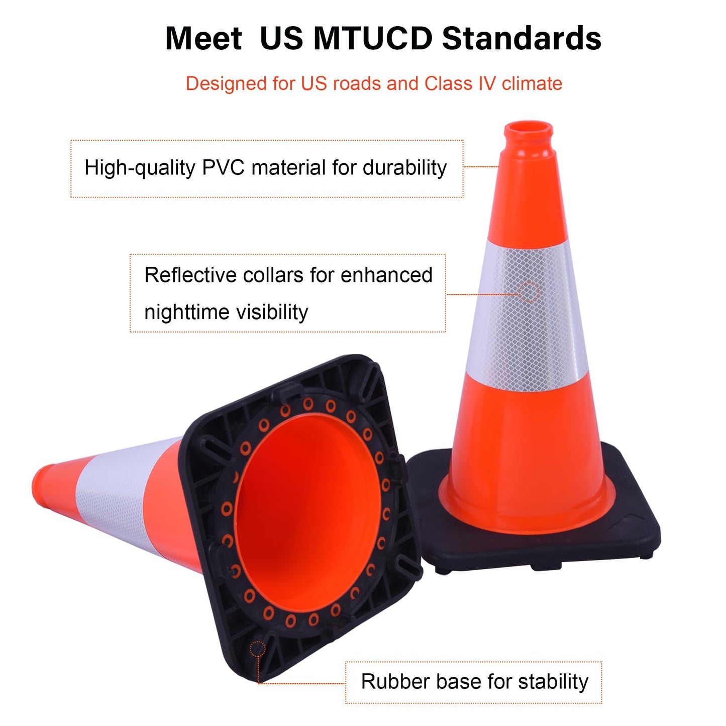OrangeStar 8Pack 18" Orange Traffic Safety Cones, PVC Parking Cone Construction Cones w/Reflective Collar Heavy Duty Rubber Base for Driving Practice, Parking Lots and Roadwork
