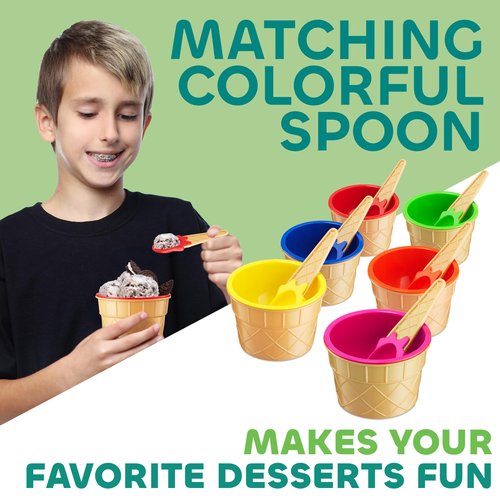 JoyServe Ice Cream Bowls and Spoons Set - (Pack of 6) Reusable Plastic Ice Cream Cups and Waffle Cone Shaped Spoons for Dessert, Frozen Yogurt, Gelato, Birthday Party Decorations