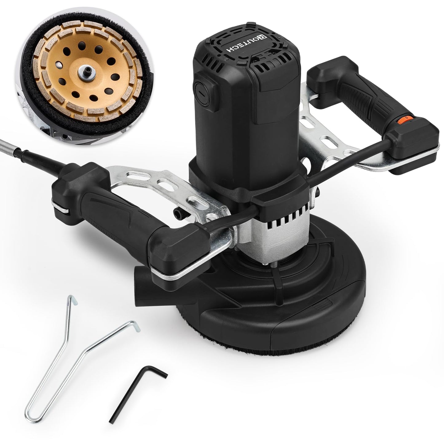 ROUTECH 7" Concrete Grinder, Concrete Surface Sander, Low-Vibration Handle, 1.5" Dust Extraction Port, Edging Capacity, Overload Protection, High Torque Motor, 2000W 120V 60Hz, Model RT-MD180
