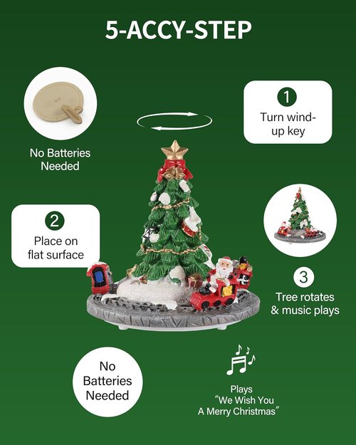 iStatue Rotating Musical Christmas Tree Figurine - 6” Tall Resin Holiday Decoration with Santa Train, Plays “Merry Christmas”