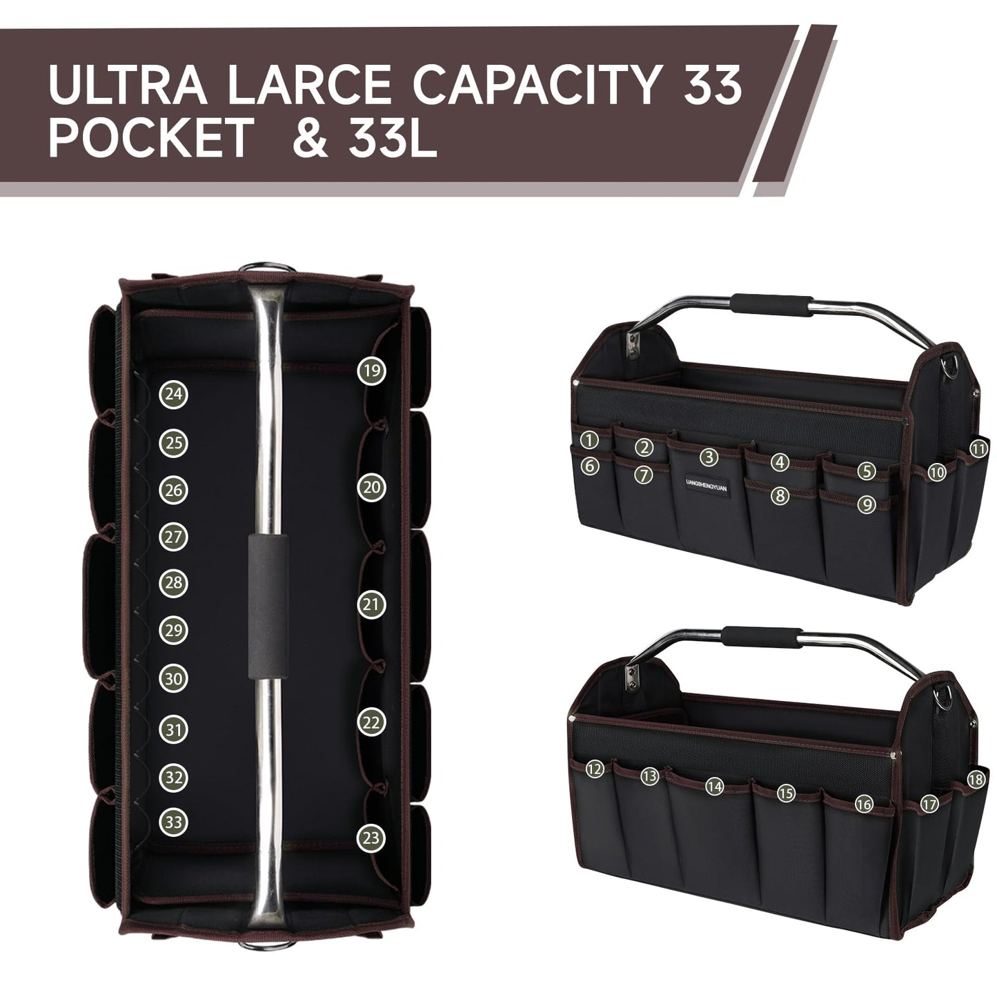 20 In Tool Carrier, Open Top Tool Tote 30 Pockets, Waterproof Tool Bag For Men, Foldable Wide Mouth Electricians Tool Bag, With Stainless Steel Handle and Removable Shoulder Strap