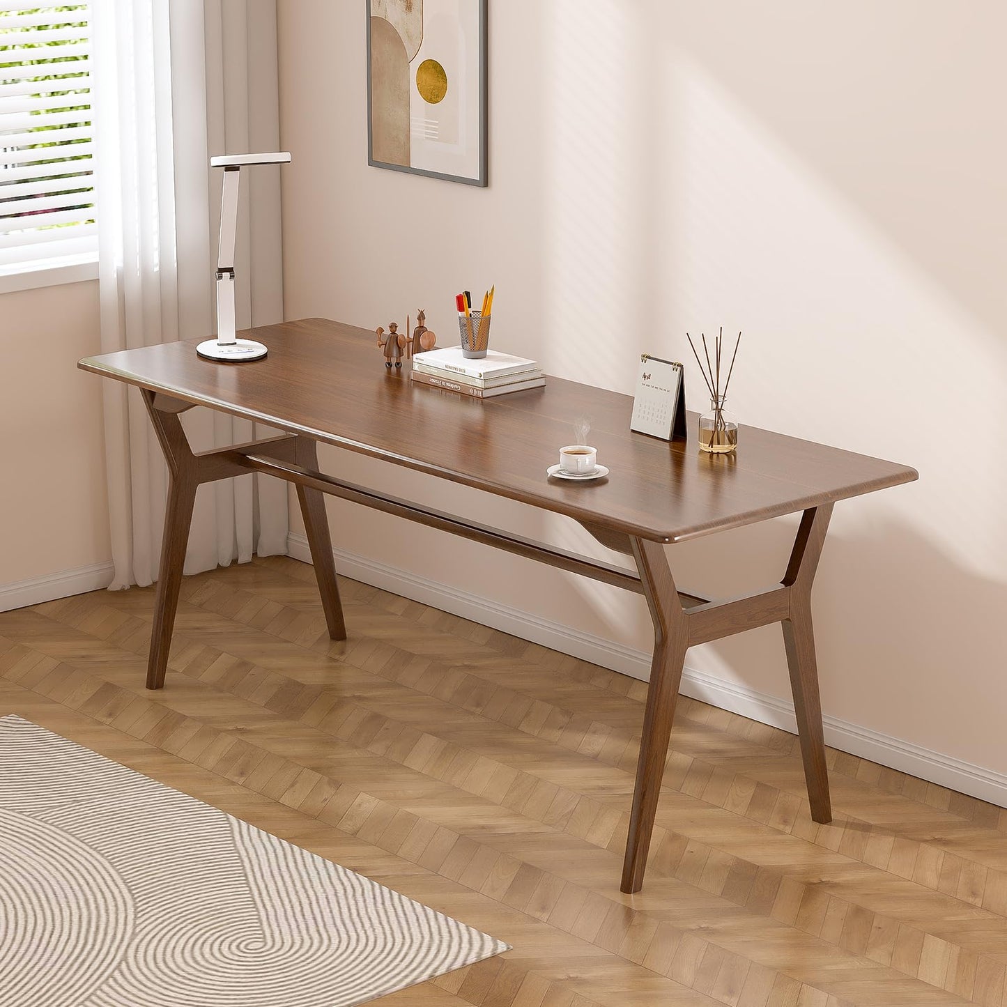 OSCHF Solid Wood Study Desk - 63" Double Long Computer Table for Home Office, 2-Person PC Workstation, Walnut